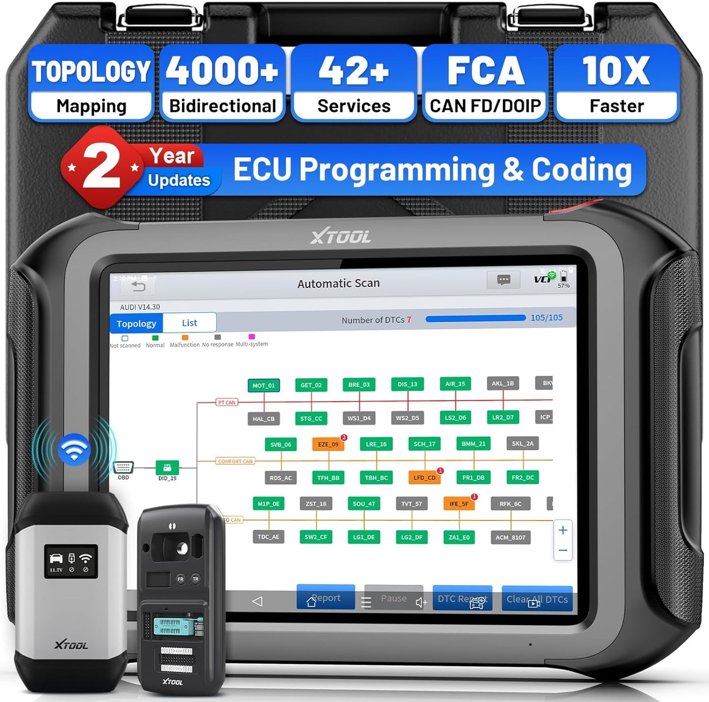 XTOOL X100 MAX Bidirectional Scan Tool with ECU Programming and Coding, Wireless Automotive Diagnostic Tool with Topology Map and [KC501 Adapter $600 Kit], 42+ Resets, FCA/CAN FD/DoIP, 2-Year Updates
