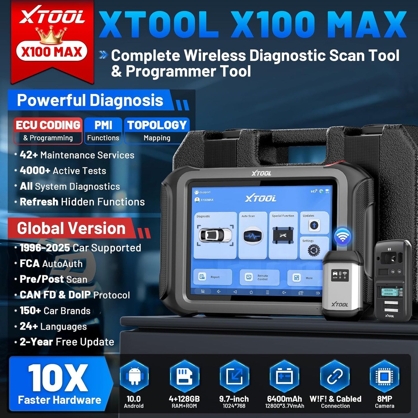 XTOOL X100 MAX Bidirectional Scan Tool with ECU Programming and Coding, Wireless Automotive Diagnostic Tool with Topology Map and [KC501 Adapter $600 Kit], 42+ Resets, FCA/CAN FD/DoIP, 2-Year Updates